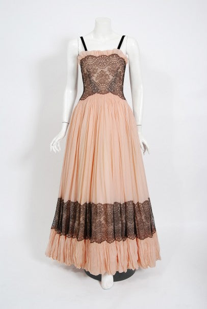 1940&#39;s French Couture Pink Silk-Chiffon &amp; Black Lace Scalloped Gown &amp; Capelet