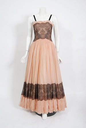 1940's French Couture Pink Silk-Chiffon & Black Lace Scalloped Gown & Capelet