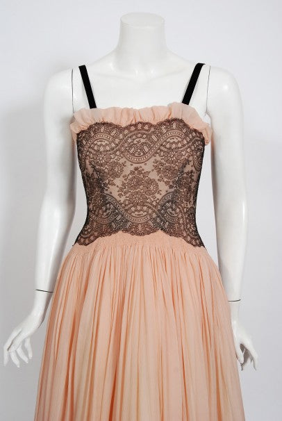 1940&#39;s French Couture Pink Silk-Chiffon &amp; Black Lace Scalloped Gown &amp; Capelet