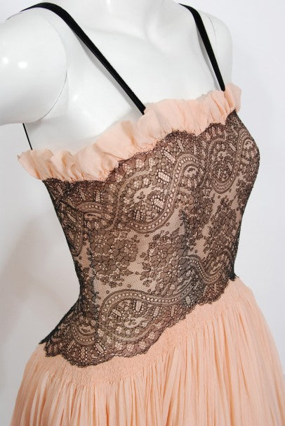1940&#39;s French Couture Pink Silk-Chiffon &amp; Black Lace Scalloped Gown &amp; Capelet