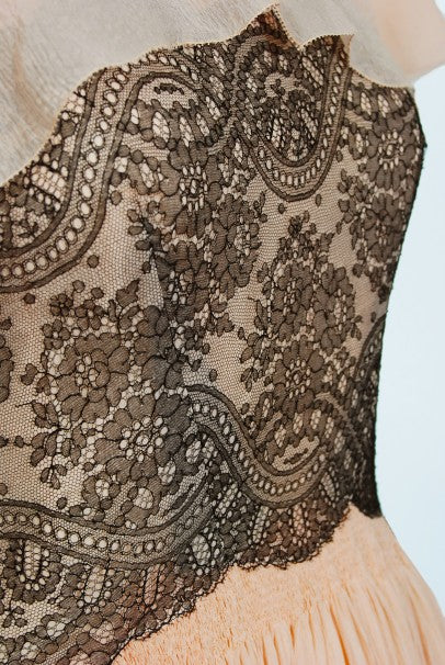 1940&#39;s French Couture Pink Silk-Chiffon &amp; Black Lace Scalloped Gown &amp; Capelet