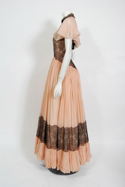 1940&#39;s French Couture Pink Silk-Chiffon &amp; Black Lace Scalloped Gown &amp; Capelet