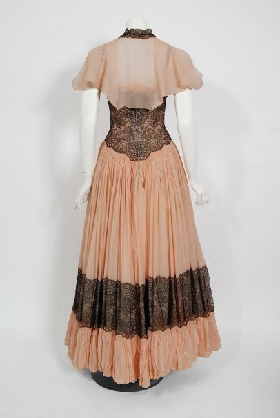 1940&#39;s French Couture Pink Silk-Chiffon &amp; Black Lace Scalloped Gown &amp; Capelet