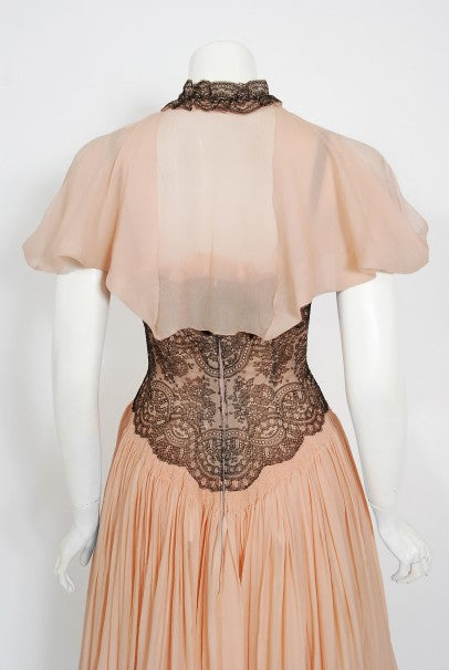 1940&#39;s French Couture Pink Silk-Chiffon &amp; Black Lace Scalloped Gown &amp; Capelet