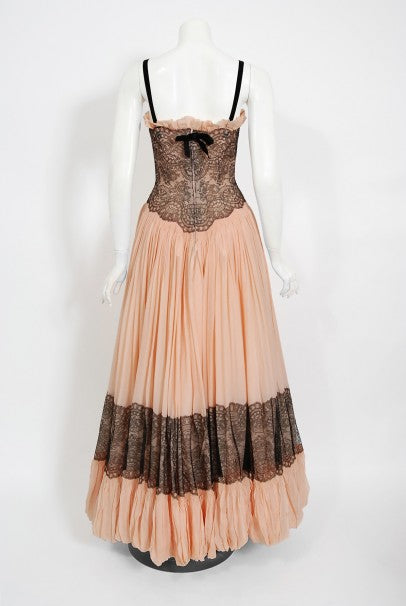 1940&#39;s French Couture Pink Silk-Chiffon &amp; Black Lace Scalloped Gown &amp; Capelet