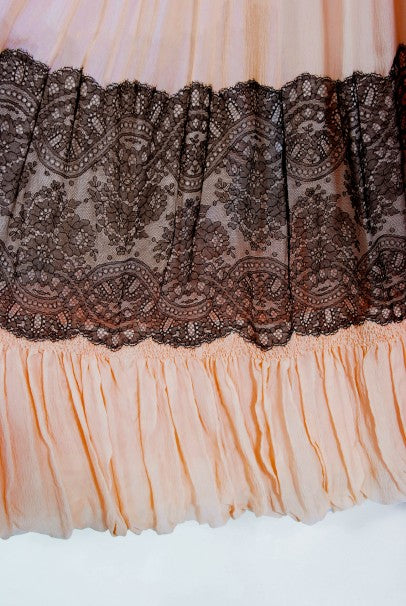 1940&#39;s French Couture Pink Silk-Chiffon &amp; Black Lace Scalloped Gown &amp; Capelet