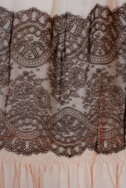 1940&#39;s French Couture Pink Silk-Chiffon &amp; Black Lace Scalloped Gown &amp; Capelet