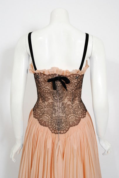1940&#39;s French Couture Pink Silk-Chiffon &amp; Black Lace Scalloped Gown &amp; Capelet