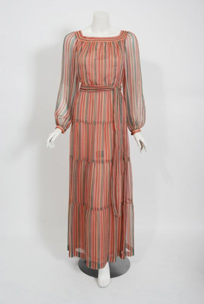 1977 Givenchy Colorful Stripe Silk-Chiffon Billow Sleeve Bohemian Dress