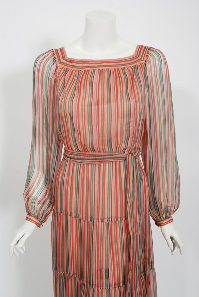 1977 Givenchy Colorful Stripe Silk-Chiffon Billow Sleeve Bohemian Dress