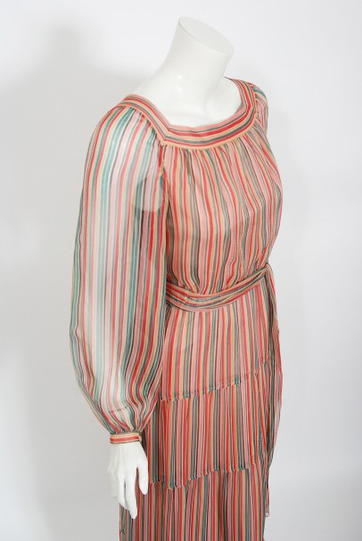 1977 Givenchy Colorful Stripe Silk-Chiffon Billow Sleeve Bohemian Dress