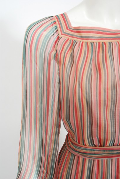 1977 Givenchy Colorful Stripe Silk-Chiffon Billow Sleeve Bohemian Dress