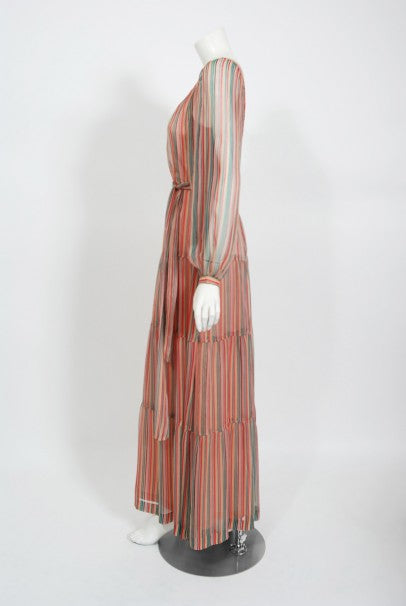 1977 Givenchy Colorful Stripe Silk-Chiffon Billow Sleeve Bohemian Dress