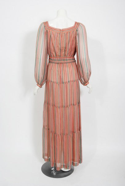 1977 Givenchy Colorful Stripe Silk-Chiffon Billow Sleeve Bohemian Dress