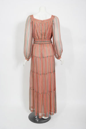 1977 Givenchy Colorful Stripe Silk-Chiffon Billow Sleeve Bohemian Dress