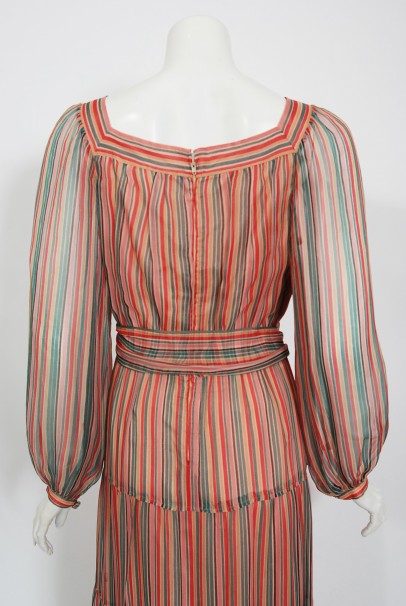 1977 Givenchy Colorful Stripe Silk-Chiffon Billow Sleeve Bohemian Dress