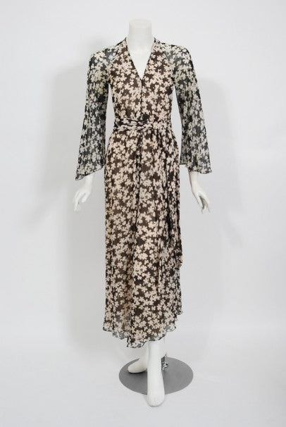 1975 Halston Couture Black &amp; Ivory Clover Print Silk Bell-Sleeve Belted Jumpsuit