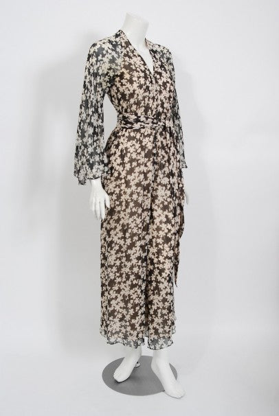1975 Halston Couture Black &amp; Ivory Clover Print Silk Bell-Sleeve Belted Jumpsuit