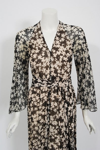 1975 Halston Couture Black &amp; Ivory Clover Print Silk Bell-Sleeve Belted Jumpsuit