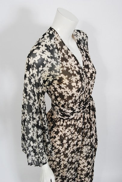 1975 Halston Couture Black &amp; Ivory Clover Print Silk Bell-Sleeve Belted Jumpsuit