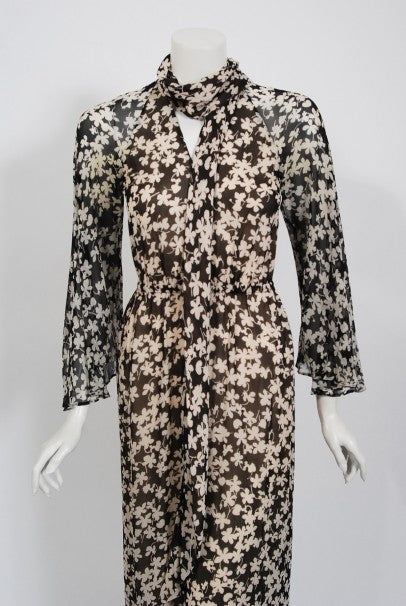 1975 Halston Couture Black &amp; Ivory Clover Print Silk Bell-Sleeve Belted Jumpsuit
