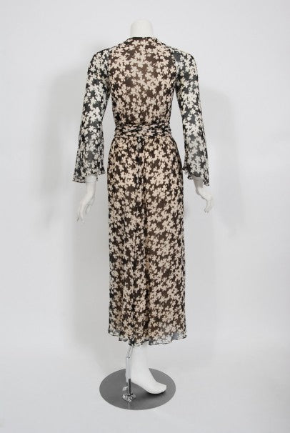 1975 Halston Couture Black &amp; Ivory Clover Print Silk Bell-Sleeve Belted Jumpsuit