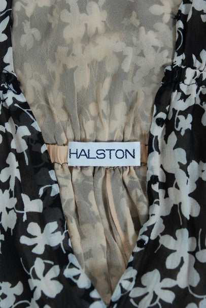 1975 Halston Couture Black &amp; Ivory Clover Print Silk Bell-Sleeve Belted Jumpsuit