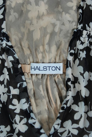 1975 Halston Couture Black & Ivory Clover Print Silk Bell-Sleeve Belted Jumpsuit