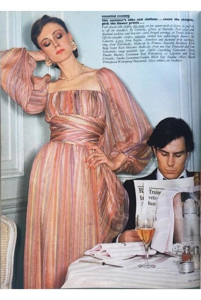 1977 Givenchy Colorful Stripe Silk-Chiffon Billow Sleeve Bohemian Dress