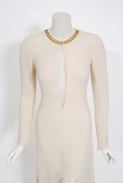 2006 Alexander McQueen White Silk Crepe Chain Plunge High-Slit Hourglass Gown