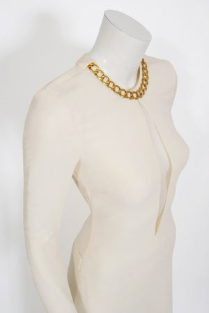 2006 Alexander McQueen White Silk Crepe Chain Plunge High-Slit Hourglass Gown