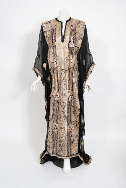 1930&#39;s Middle Eastern Couture Metallic Gold Embroidered Black Chiffon Caftan