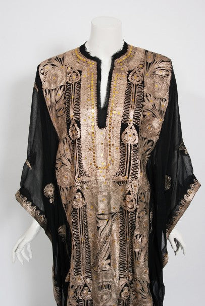 1930&#39;s Middle Eastern Couture Metallic Gold Embroidered Black Chiffon Caftan