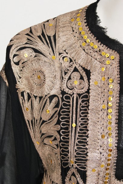1930&#39;s Middle Eastern Couture Metallic Gold Embroidered Black Chiffon Caftan