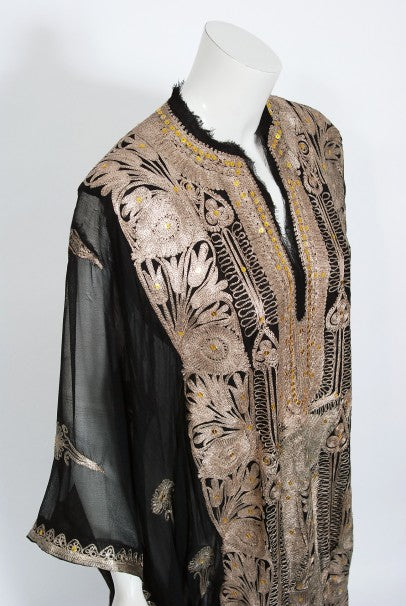 1930&#39;s Middle Eastern Couture Metallic Gold Embroidered Black Chiffon Caftan