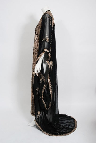 1930&#39;s Middle Eastern Couture Metallic Gold Embroidered Black Chiffon Caftan