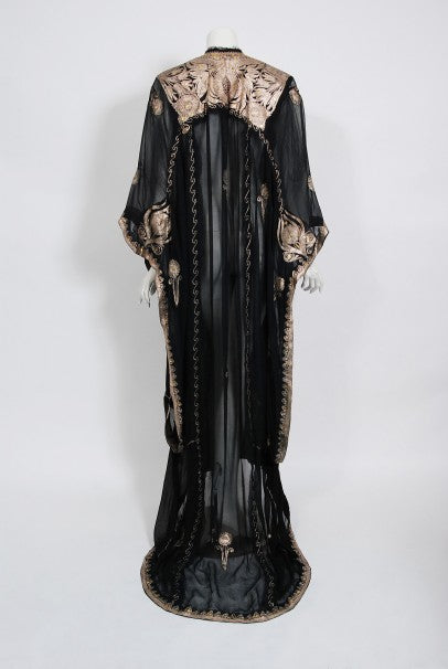 1930&#39;s Middle Eastern Couture Metallic Gold Embroidered Black Chiffon Caftan