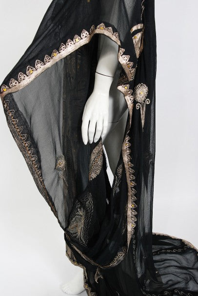 1930&#39;s Middle Eastern Couture Metallic Gold Embroidered Black Chiffon Caftan