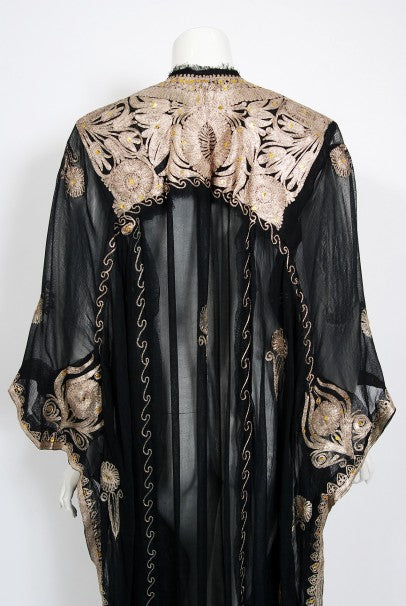 1930&#39;s Middle Eastern Couture Metallic Gold Embroidered Black Chiffon Caftan