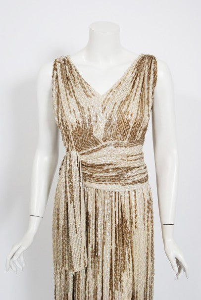 1940&#39;s French Couture Iridescent Ivory &amp; Gold Sequin Silk Goddess Gown