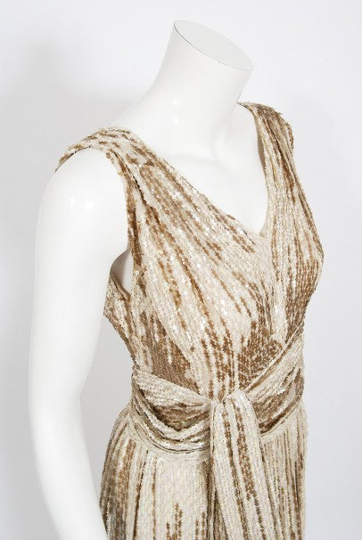 1940&#39;s French Couture Iridescent Ivory &amp; Gold Sequin Silk Goddess Gown