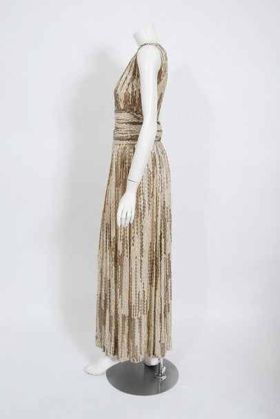 1940&#39;s French Couture Iridescent Ivory &amp; Gold Sequin Silk Goddess Gown