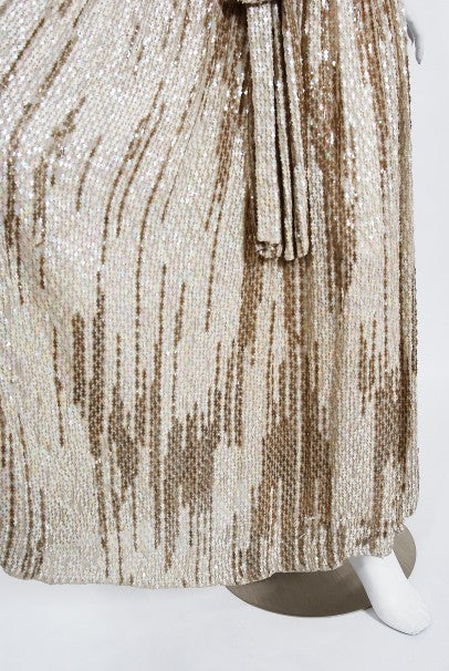 1940&#39;s French Couture Iridescent Ivory &amp; Gold Sequin Silk Goddess Gown