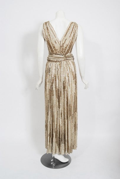 1940&#39;s French Couture Iridescent Ivory &amp; Gold Sequin Silk Goddess Gown