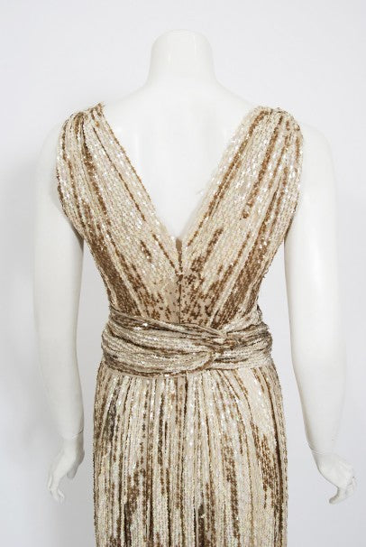 1940&#39;s French Couture Iridescent Ivory &amp; Gold Sequin Silk Goddess Gown
