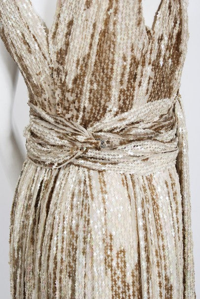 1940&#39;s French Couture Iridescent Ivory &amp; Gold Sequin Silk Goddess Gown
