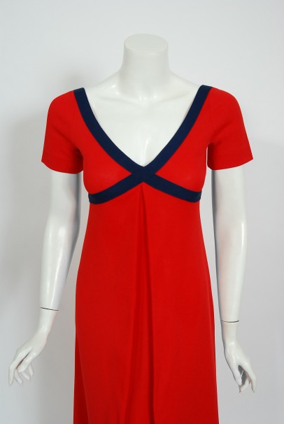1969 Rudi Gernreich Cross My Heart Empire Red and Navy Knit Maxi Dress