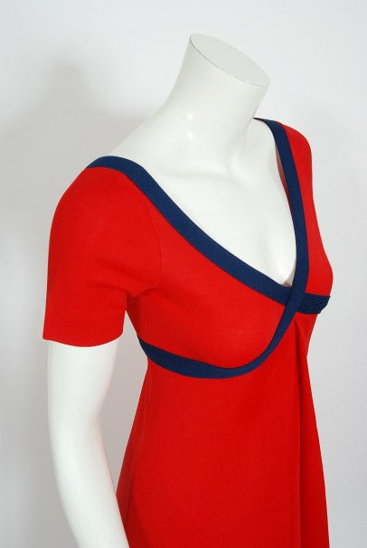 1969 Rudi Gernreich Cross My Heart Empire Red and Navy Knit Maxi Dress 1969 Rudi Gernreich Cross My Heart Empire Red and Navy Knit Maxi Dress