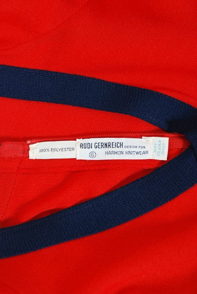 1969 Rudi Gernreich Cross My Heart Empire Red and Navy Knit Maxi Dress
