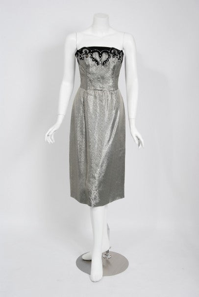 1950&#39;s Lilli Diamond Metallic Silver Lame Beaded Strapless Dress &amp; Swing Jacket